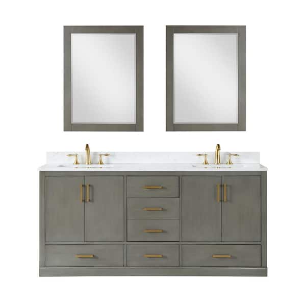 Altair Monna 72 in. W x 22 in. D x 34 in. H Double Sink Bath Vanity in Gray Pine with White Composite Stone Top and Mirror
