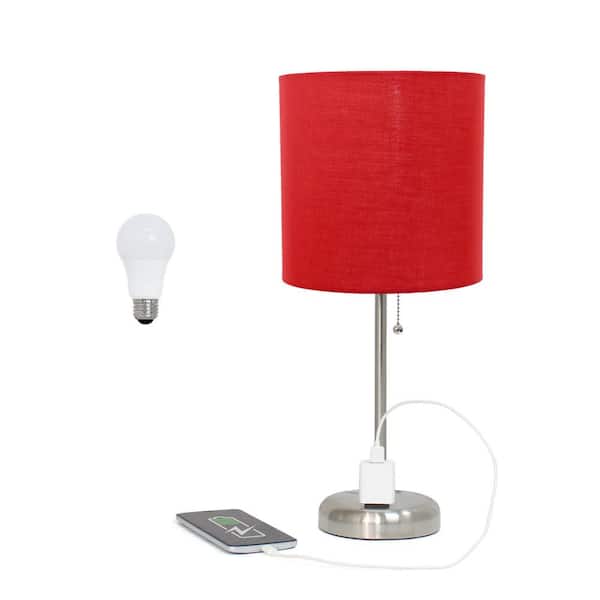 Creekwood home Oslo 19.5 in. Contemporary Bedside Power Outlet Base Metal Table Lamp in Brushed Steel, Red Shade, with LED Bulb