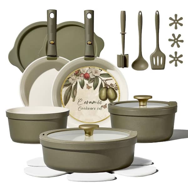 21-Piece Green Ceramic Cookware Set with Detachable Handles, Pots and Pans Set, Induction & Dishwasher Safe, Non-toxic