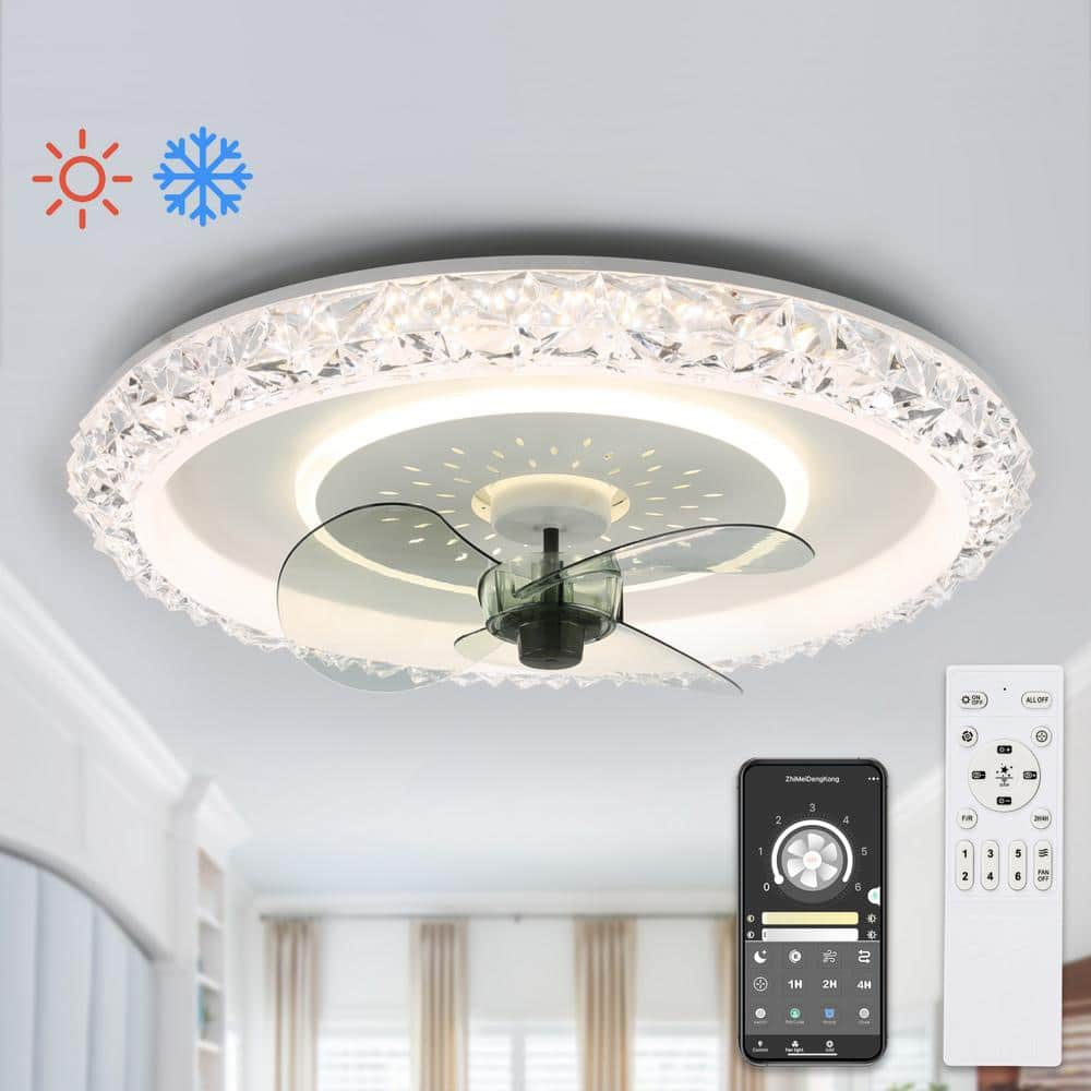 20 in Indoor Crystal White Ceiling Fan with Integrated LED Light 6-Speed Low Profile Fandelier Smart Remote App -  Bella Depot, DC2007