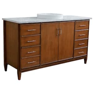 61 in. W x 22 in. D Single Bath Vanity in Walnut with Marble Vanity Top in White Carrara with White Round Basin