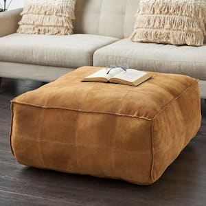 19 in. Brown Leather Low Profile Square with Patchwork Design Pouf