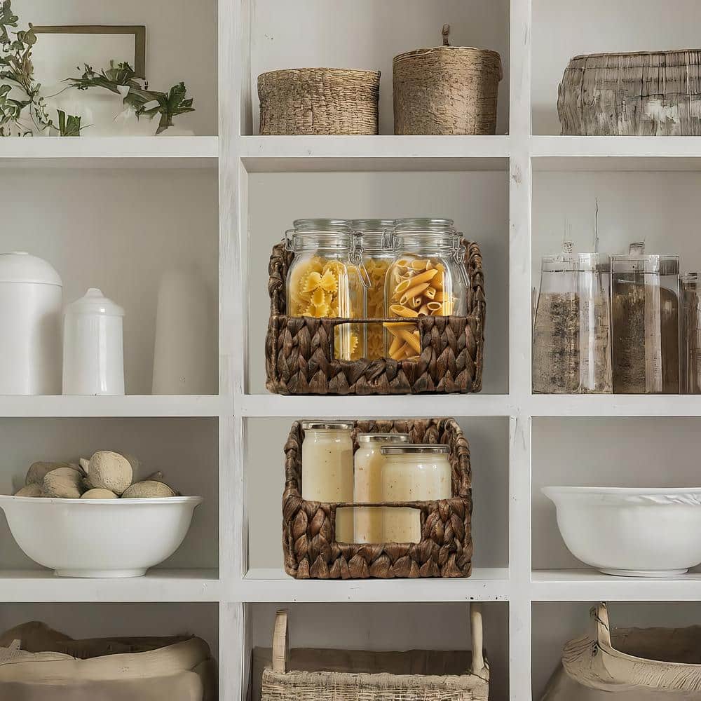 Espresso Water Hyacinth Rectangular Storage Baskets with Handles, Set of 2