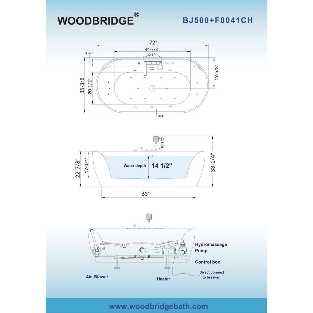 72'' White Acrylic Freestanding Heated Whirlpool Tub