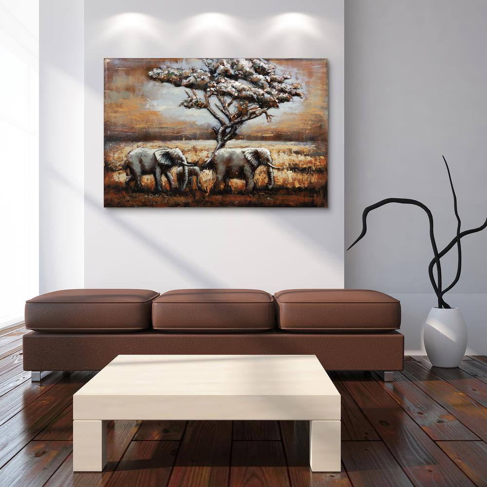 Hand Painted 3D Iron Elephant Wall Art with Tree