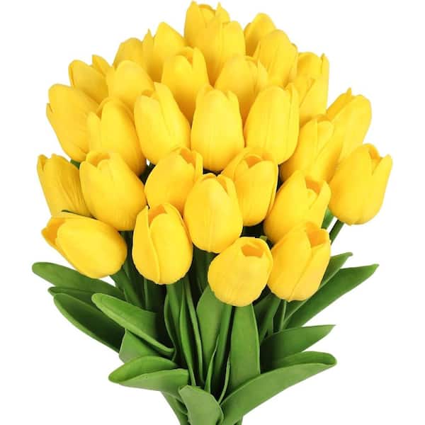 30PCS Artificial Tulip Flowers 13.7 in Real Touch Fake Tulips Spring Faux Flowers(Yellow)