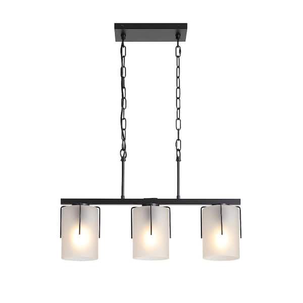 Adjustable Height 18-60 in. Black 3-Light Linear Chandelier Light w/ Frosted Glass Cylinder Shade, E26 Bulb Not Included