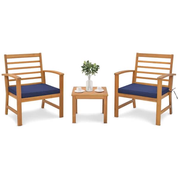 Costway 4-Piece Patio Wood Conversation Set with Soft Seat and Navy Cushions