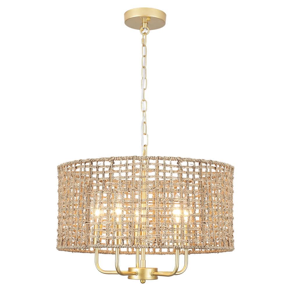 5-Light Gold Round Rattan Pendant Design Drum Chandelier with Hand Woven Sh