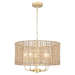 5-Light Gold Round Rattan Pendant Design Drum Chandelier with Hand Woven Shade