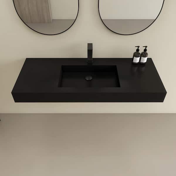 Vetra 47 x 19 in. Solid Surface Wall Mount or Countertop Bathroom Vessel Sink with Faucet Holes in Black