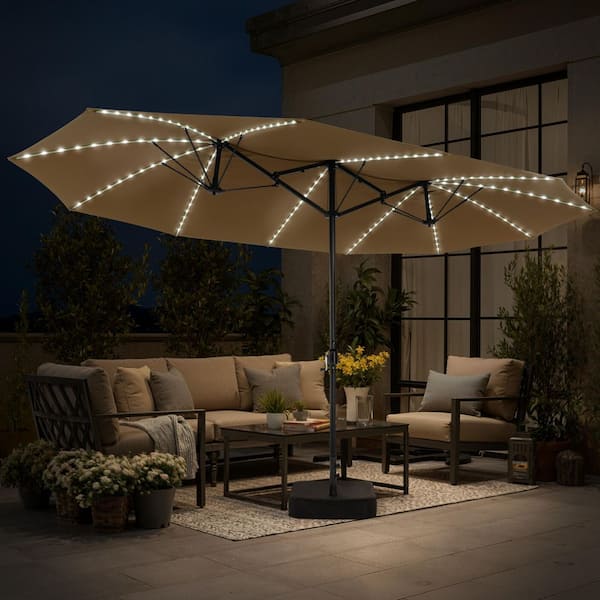 15 ft. Patio Solar Market Umbrella Double-Sided Twin Outdoor Umbrella with Base and Solar LED Lights in Tan