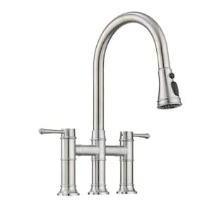 Double Handle Bridge Kitchen Faucet in Brushed Nickel Stainless Steel