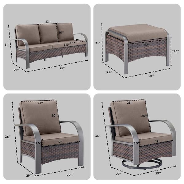 7-Piece Brown Wicker Patio Conversation Set with Gray Olefin Cushions and Swivel Glider Chairs/Ottomans/Couch