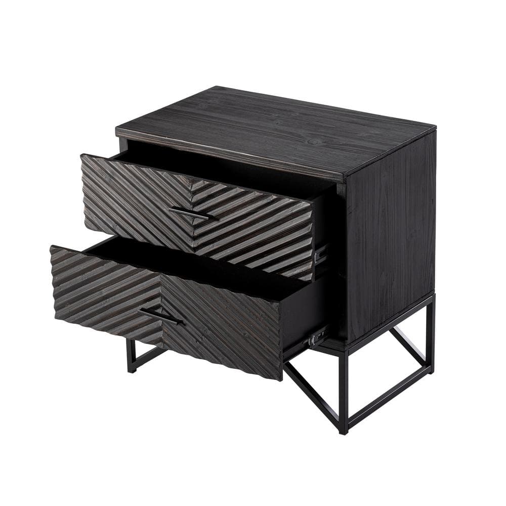 Distressed Black 2-Drawer Nightstand with Geometric Pattern and Metal Base
