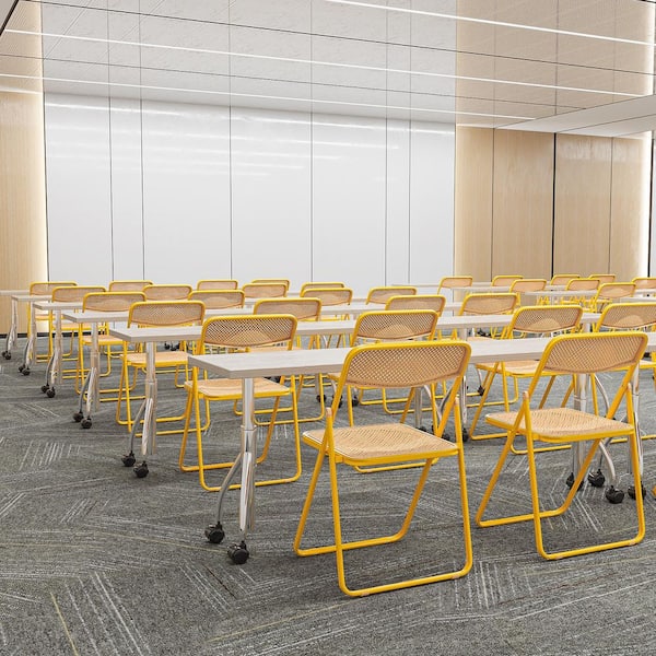 Karl home Yellow Plastic Folding Chair with Imitation Rattan Design(Set of 4)