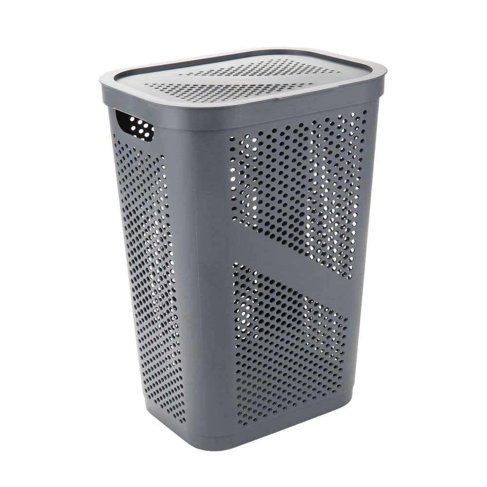 Gray Perforated Plastic Collapsible Laundry Hamper with Lid