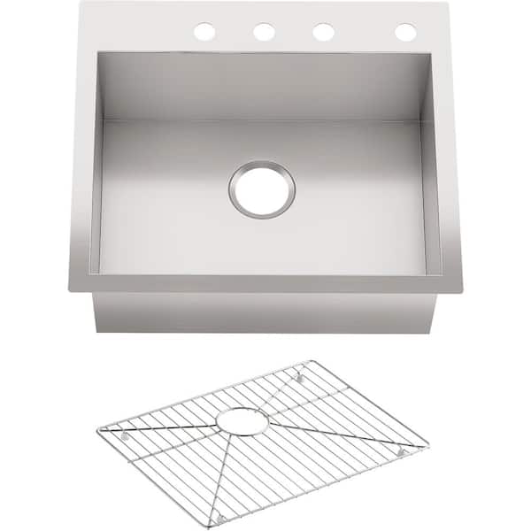 KOHLER Vault Dual Mount Stainless Steel 25 in. 4-Hole Single Bowl Kitchen Sink Kit with Basin Rack