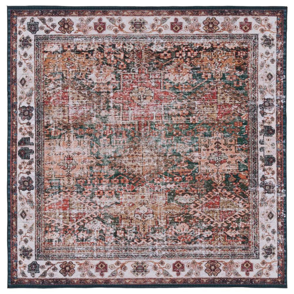 Ivory and Green Square Machine Washable Area Rug