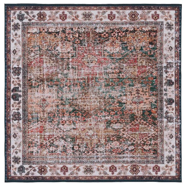 Tucson Ivory/Green 7 ft. x 7 ft. Machine Washable Ornate Border Square Area Rug
