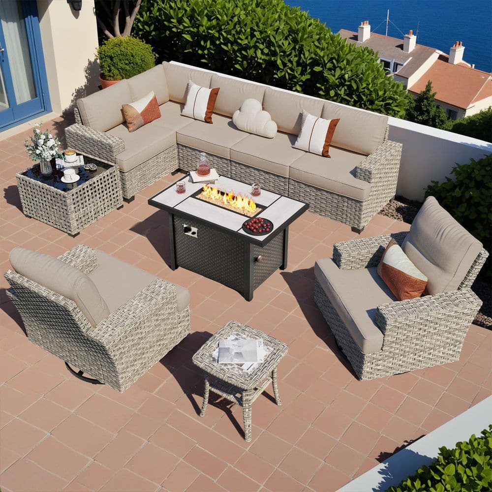 Aurea 10-Pieces Wicker Outdoor Patio Rectangular Fire Pit Set with Beige Cushions
