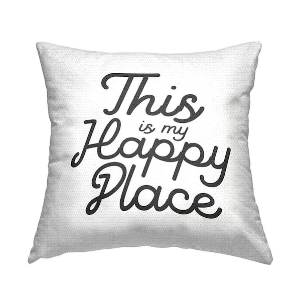 Happy Place Cursive Script Typography Phrase Black Square Outdoor Throw Pillow