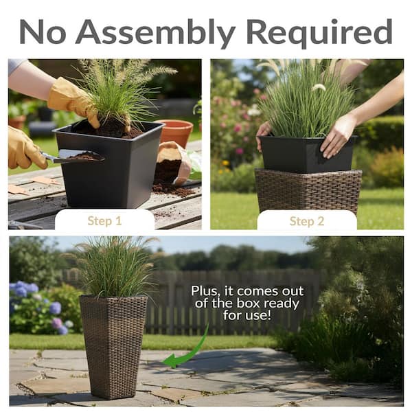 Sunnydaze 20 in. H Polyrattan Tall Square Planter - Black - Set of
