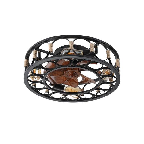 PUDO 19.7 in. Indoor Black Lighting Ceiling Fan Flush Mount Industrial with 7 Brown Blades