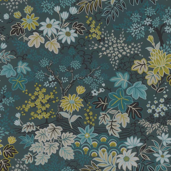 Advantage Blue Vesper Teal Forest Floral Wallpaper Sample