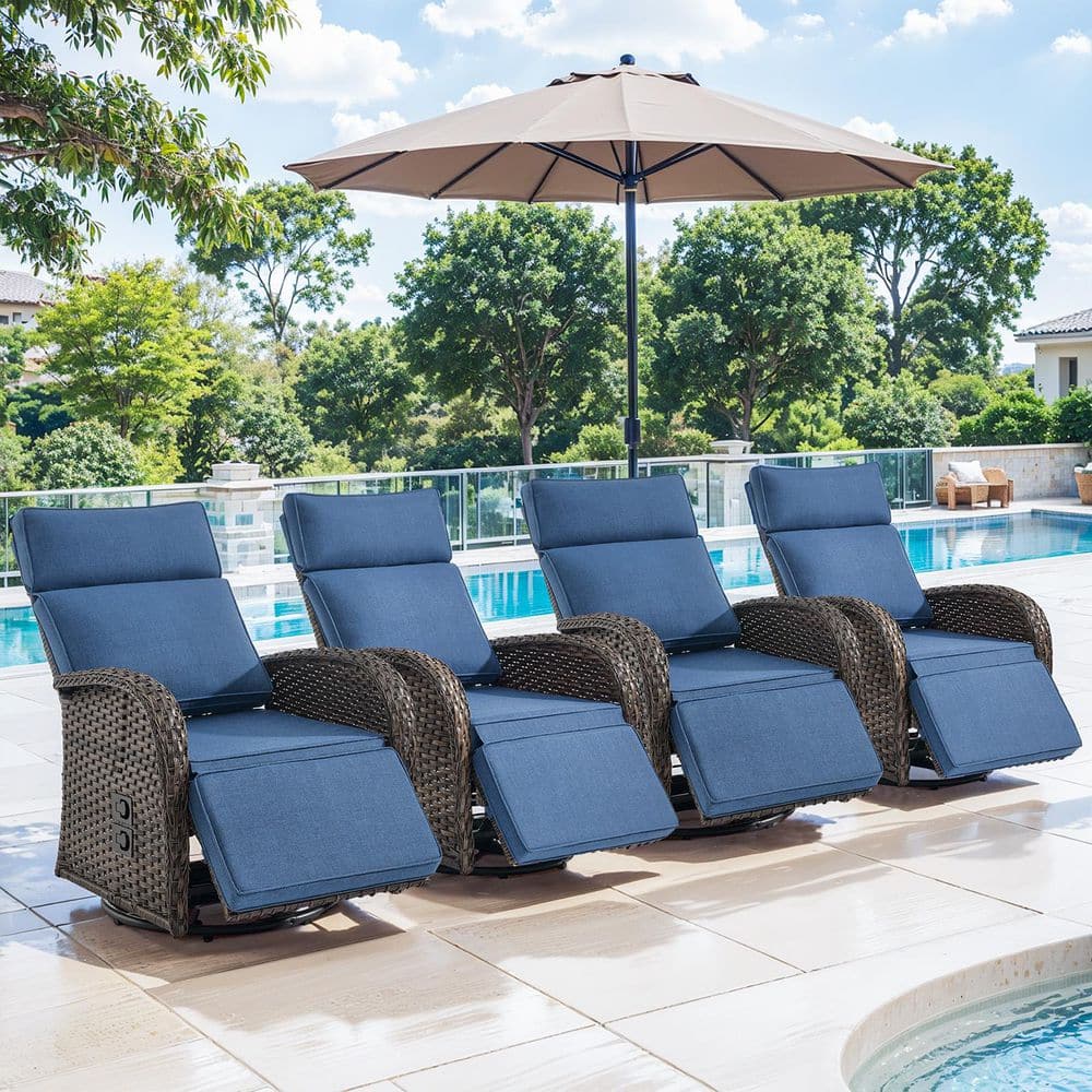 Rotavia Reclining 4-Piece Wicker Outdoor 360° Swivel Recliner with Blue Cushions, Adjustable Backrest and Footreat price history on PriceWatchPro