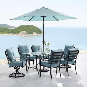Lavallette 7-Piece Steel Outdoor Dining Set with Ocean Blue Cushions, Chairs, Swivel Rockers, Table, Umbrella and Base