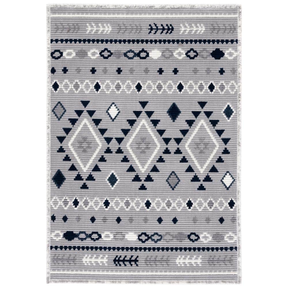 Gray and Navy Rectangular Synthetic Hand-knotted Area Rug, 4' x 6'