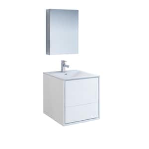 Catania 24 in. Modern Wall Hung Vanity in Glossy White with Vanity Top in White with White Basin and Medicine Cabinet