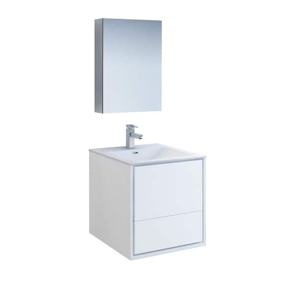 Fresca Catania 24 in. Modern Wall Hung Vanity in Glossy White with Vanity Top in White with White Basin and Medicine Cabinet