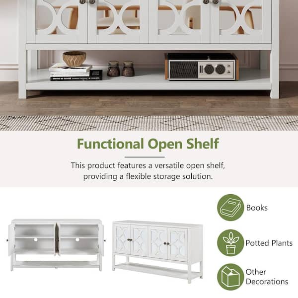 Polibi 60 in. Antique White Rectangle Wood Console Table with Mirrored Doors, Spacious Shelves, and Durable Acacia Wood Legs