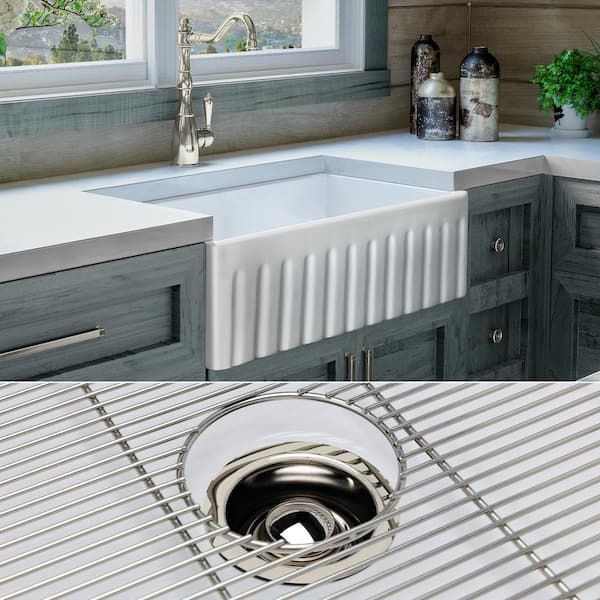 Fossil Blu Luxury White Solid Fireclay 30 in. Single Bowl Farmhouse Apron Kitchen Sink with Polished Nickel Accs and Fluted Front