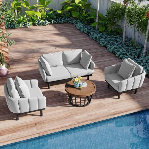 Runesay Modern 4-Piece Metal Outdoor Iron Conversation Set with Gray Cushions, Acacia Wood Coffee Table, Arm Chairs
