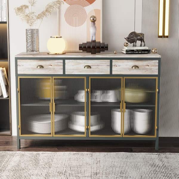 FUNKOL Gray Chinese Fir 47.64 in. W Freestanding Kitchen Pantry Organizer with 4-Glass Doors