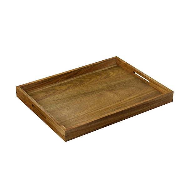 17 in. Acacia Wood Serving Tray with Handles Decorative Display Tray for Coffee Table Breakfast in Bed