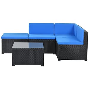5-Piece Rattan PE Wicker Outdoor Bistro Corner Sofa Set with Blue Cushion