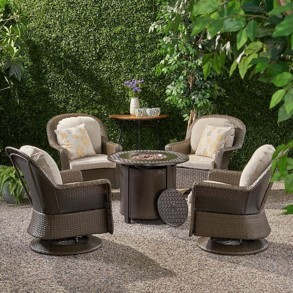 Noble House Liam Brown 5 Piece Plastic Patio Fire Pit Set With Grey Cushion And Hammered Bronze 83031 - Plastic Bronze Patio Set