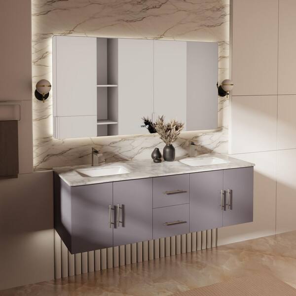 Geneva 60 in. W x 22 in. D Dark Grey Double Bath Vanity, Carrara Marble Top, Faucet Set and 60 in. LED Mirror