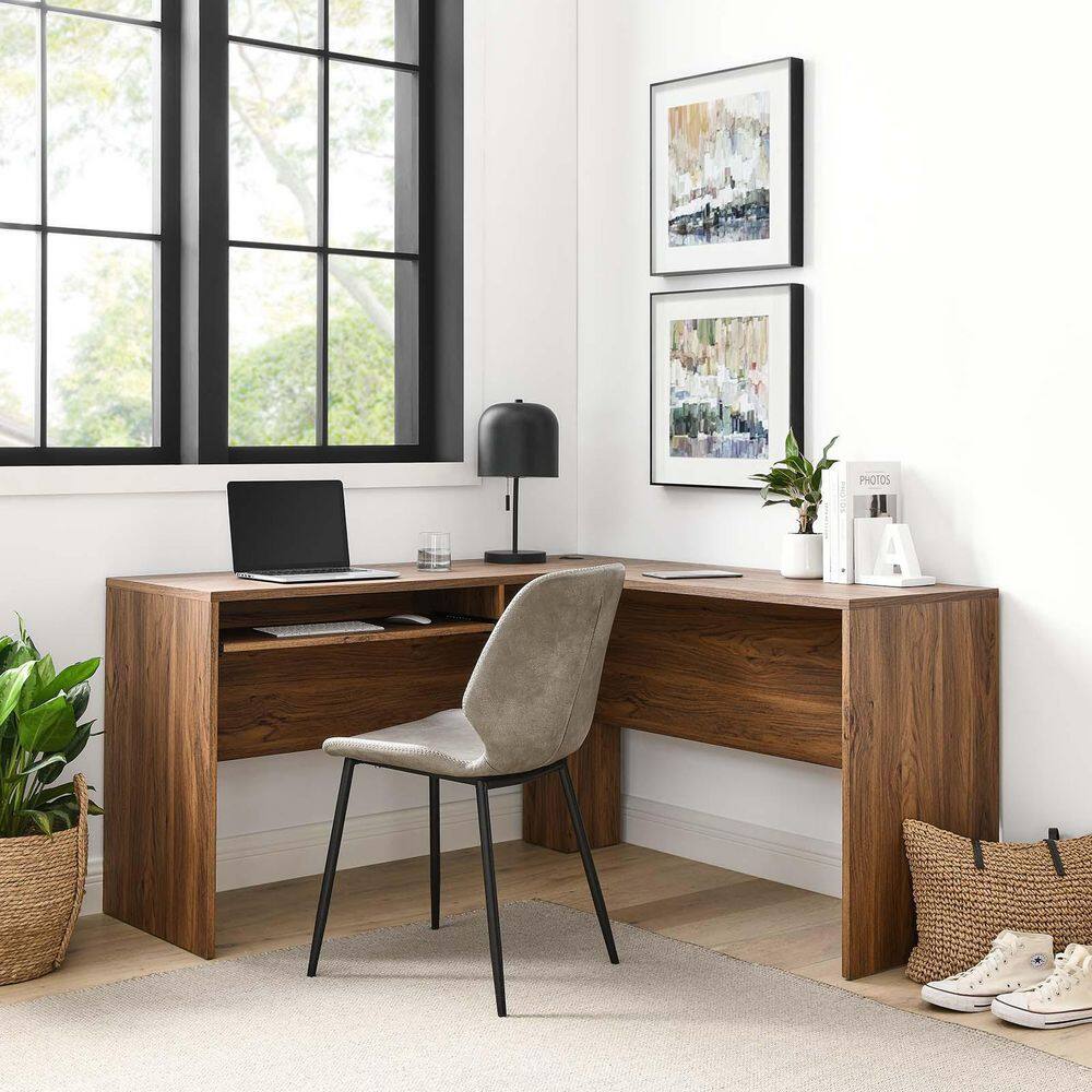 Venture Walnut Grain L-Shaped Computer Desk with Keyboard Tray