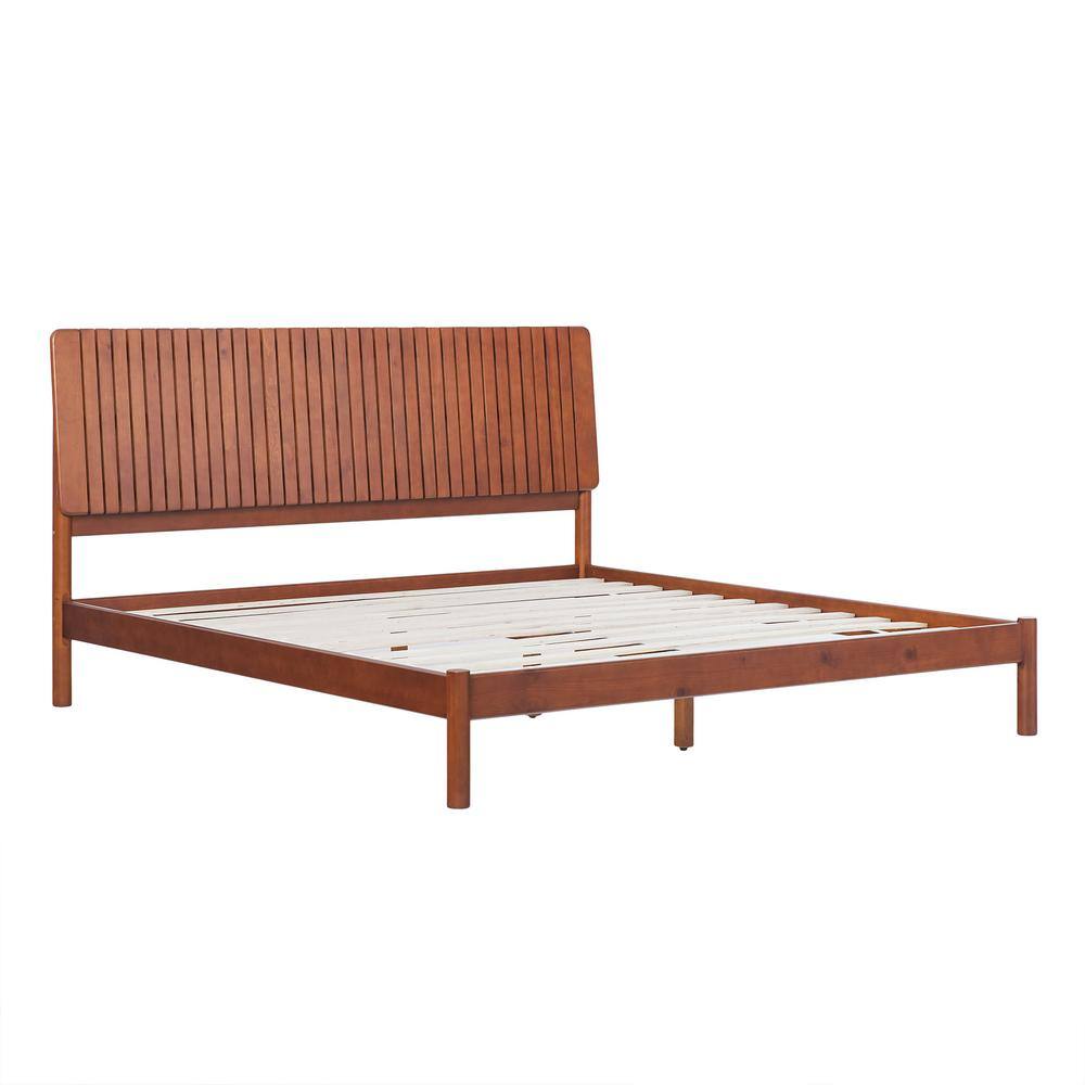 King Brown Pine Wood Upholstered Platform Bed with Slats