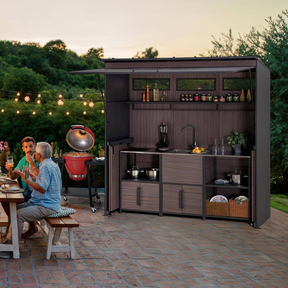 Fleetwood 7 ft. x 3 ft. Wood Grain Steel Outdoor Kitchen with Gas Springs