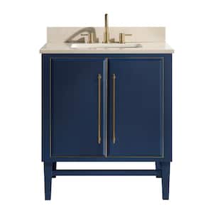 Mason 31 in. W x 22 in. D Bath Vanity in Navy Blue/Gold Trim with Marble Vanity Top in Crema Marfil with White Basin