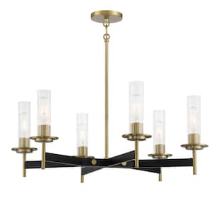 Baldwin Park 6-Light Black and Soft Brass Chandelier with Clear Ribbed Glass Shades