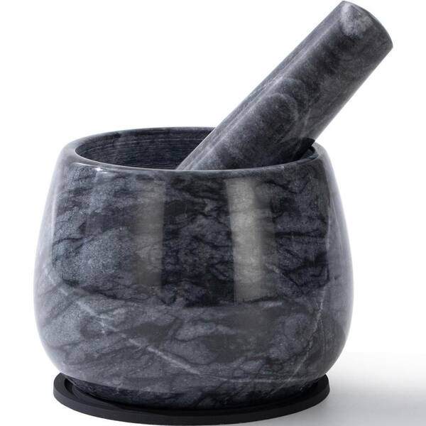 Black Polished Marble Mortar and Pestle Set, 360ml Heavy Duty Guacamole Grinder for Spices Herbs Garlic Nuts, 1.5 Cup
