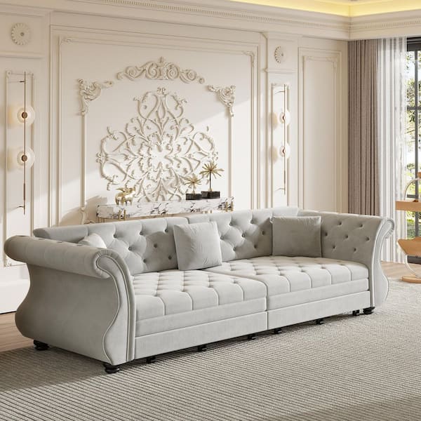 Sharon 97.6 in. Light Grey Velvet Upholstery King Size Sofa Bed with Pull-Out Bed, Flower Tufting