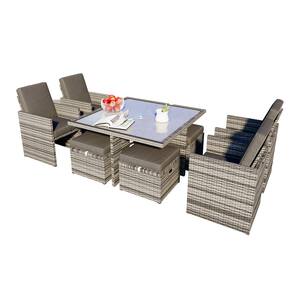 Gray 7-Piece Wicker Outdoor Dining Set with Gary Cushion, coffee table, chair, foot mat storage, detachable cushion